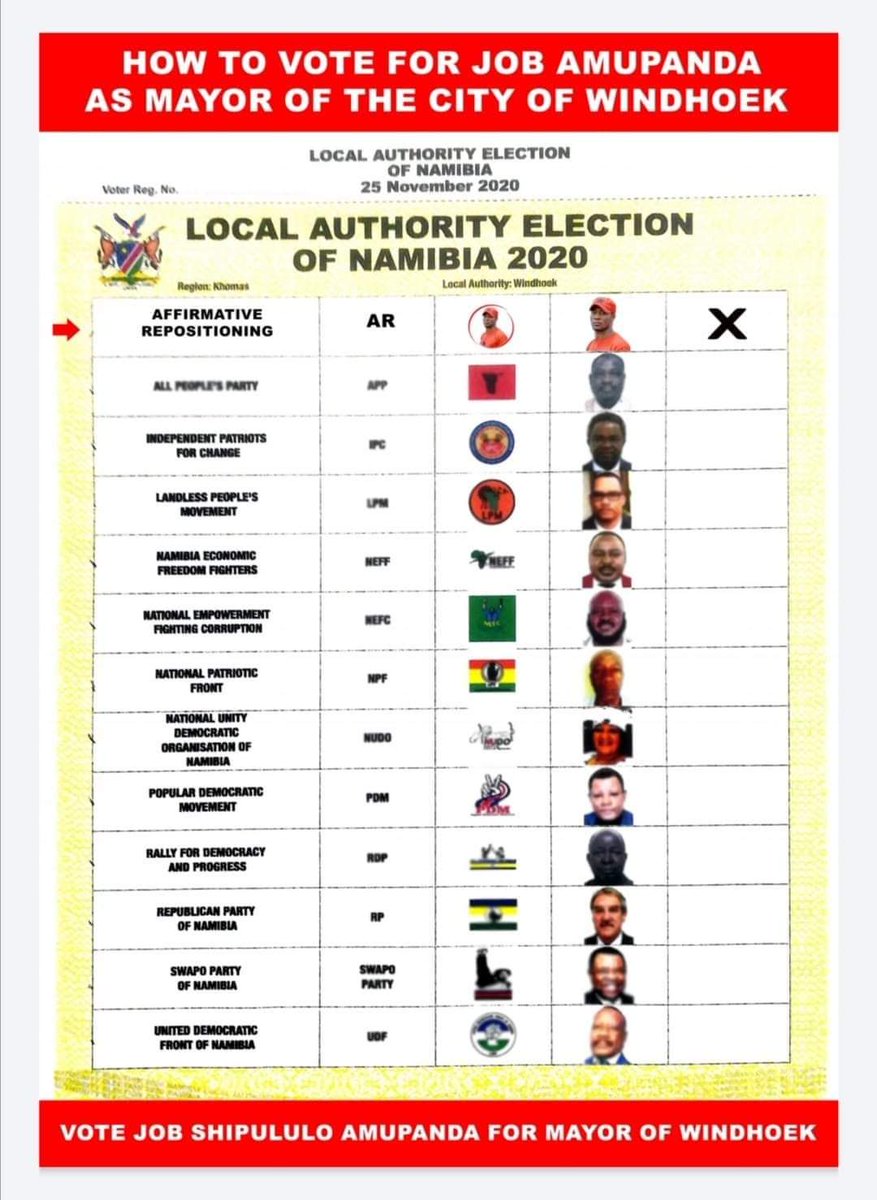 G_Kambala's tweet photo. Dear City of Windhoek residents put your Cross where the future is the brightest!!! VOTE Job Amupanda for Mayor of the city of Windhoek!
Remember he is on the ballot, there by number one!!!
#VoteAR
#Job4Mayor
#WRT https://t.co/Iu7V43wqAa