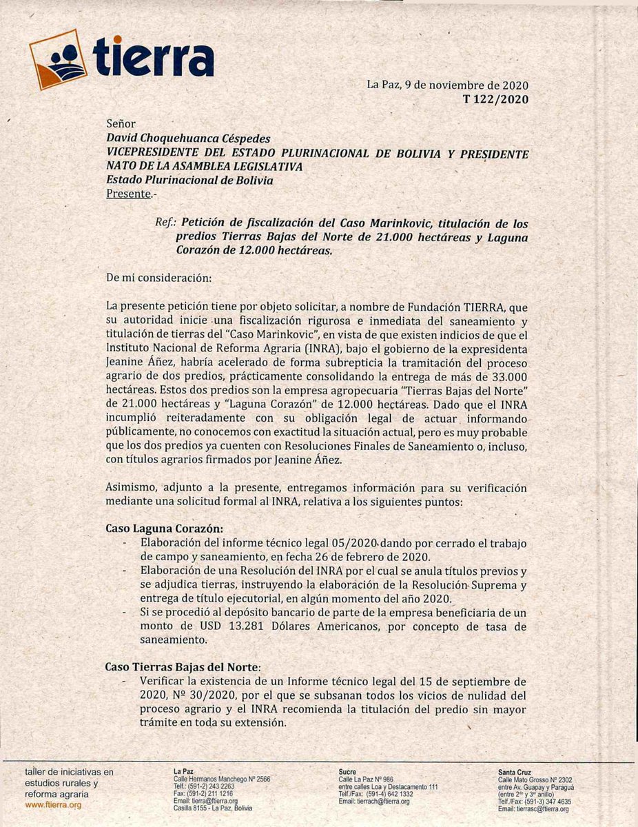 TIERRA_BO's tweet photo. Hemos entregado información y documentos sobre el CASO MARINKOVIC a la Asamblea Plurinacional.

Pedidos a este ente fiscalizador que inicie una investigación rigurosa y sistemática sobre el acaparamiento de 33 mil hectáreas. https://t.co/bbSjmVJQhn https://t.co/SQYFRB3sJB