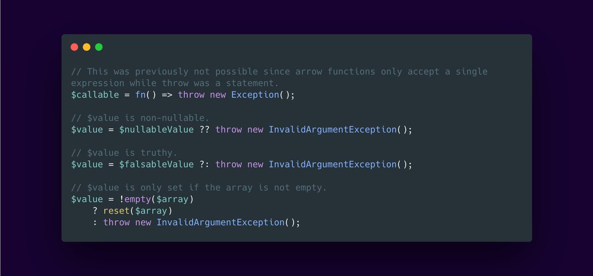 6 / Throw expressionThrow is now not a statement but an expression, which allows us to use it in many new places.A small, yet convenient feature 
