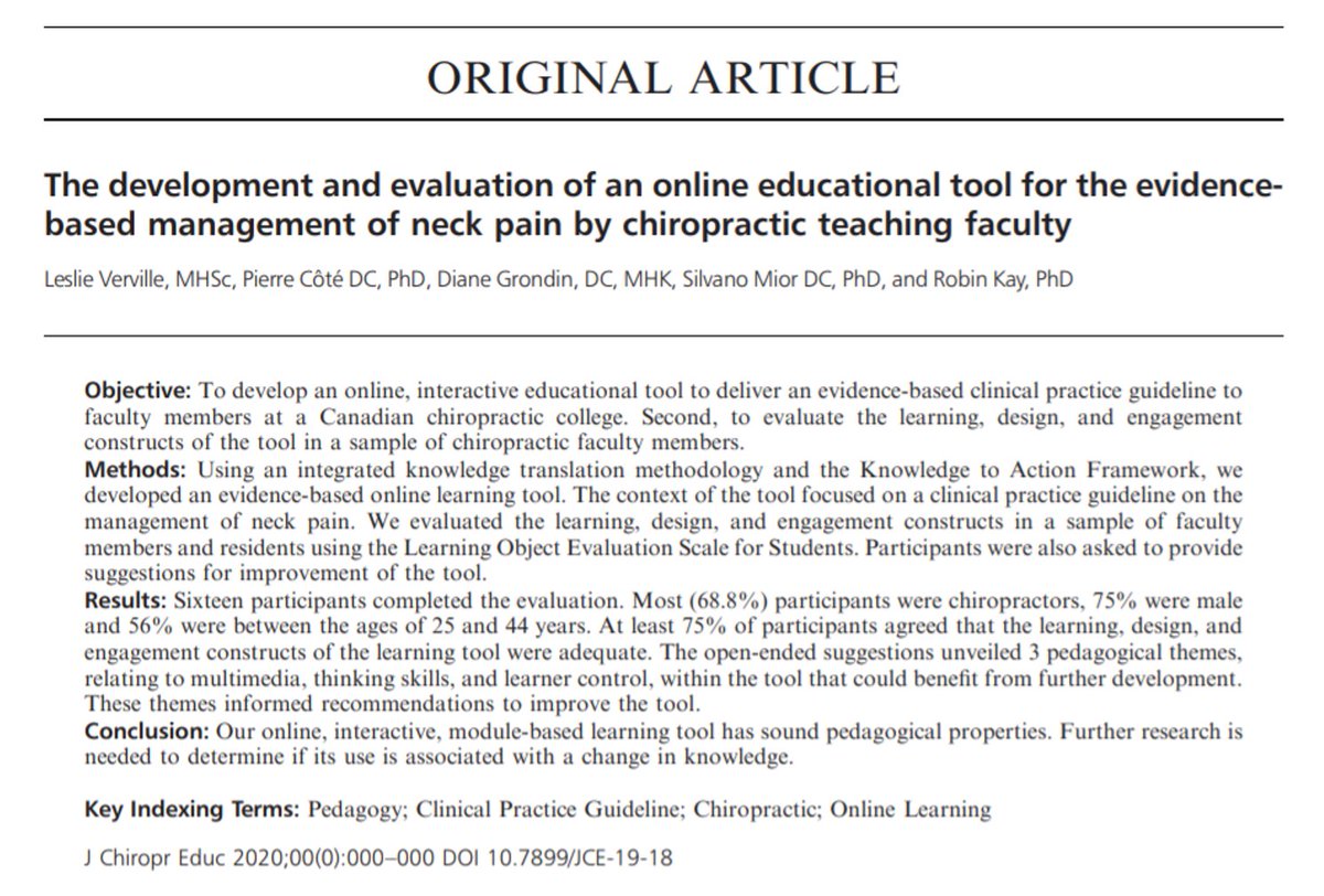 IDRResearch's tweet image. Congratulations to Leslie Verville, @pierrecoteuoit, Sil Mior &amp;amp; colleagues!
The development and evaluation of an online educational tool for the evidence-based management of neck pain by chiropractic teaching faculty. J Chiropr Educ. 2020 Nov 11. 
bit.ly/3po9Dtm