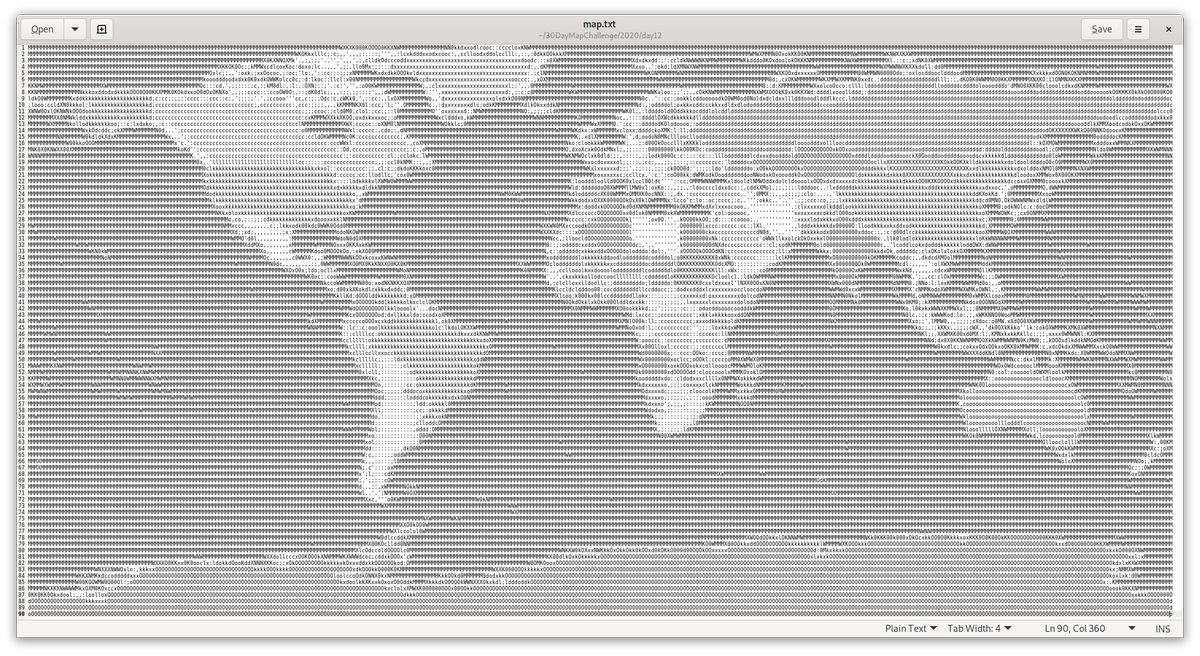 ptarroso's tweet photo. Old school ASCII art map for the day 12 of #30DayMapChallenge made with #jp2a tool and #gedit notepad. It has 90 lines and 360 columns so is easily navigable in the notepad! https://t.co/Lgt9erBuqL