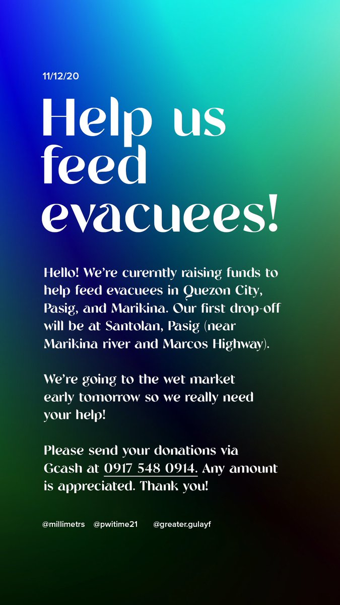 millimetrs's tweet photo. Hello! We’re currently raising funds to help feed evacuees. Mamamalengke kami bukas so baka gusto nyo narin sumabay. 🤍🌿

Our first drop-off will be at Santolan, Pasig (near Marikina river and Marcos Highway). Thank you so much for all the help!!! https://t.co/QzsROk0I4S