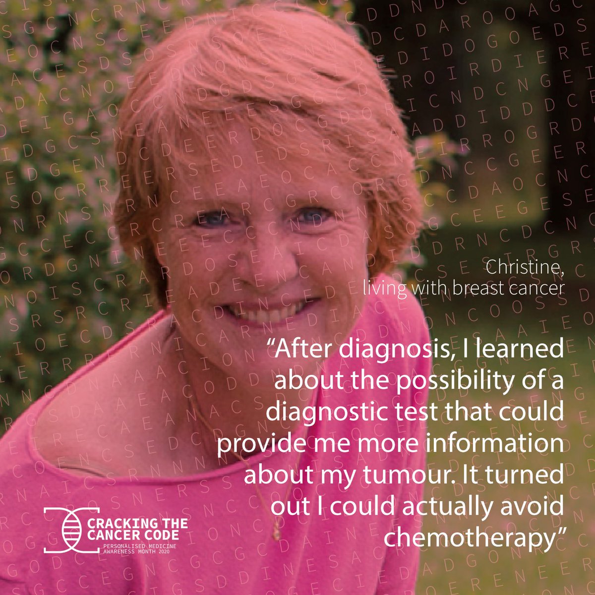 united4cancer's tweet photo. "I recommend the diagnostic test to all those who may be able to benefit from it!"
Christine, living with breast cancer ➡️ https://t.co/MdnlG6mf9Y
Do you have a story of #moleculartesting to share? Your experiences could help others in need. #PMAM20 #CrackingTheCancerCode https://t.co/I0FbMxQBiU
