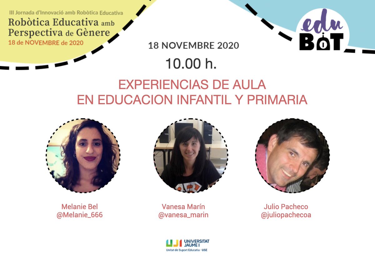 A las 10.00h empezará la 2ª sesión de #Edubot2020, en la que conoceremos diferentes experiencias de aula en Educación Infantil y Primaria, con las intervenciones de <a href="/vanesa_marin/">Vanesa Marín</a> y <a href="/Melanie_666/">Melanie Bel Verge</a>, y moderada por <a href="/juliopachecoa/">Julio Pacheco</a>