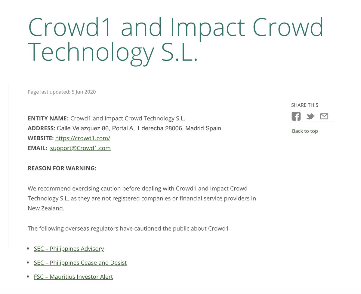The New Zealand financial authorities followed four days later when the  @FMAmedia put out a warning on their website against Crowd1 and its affiliate Spanish-based company Impact Crowd Technology S.L. https://www.fma.govt.nz/news-and-resources/warnings-and-alerts/crowd1-and-impact-crowd-technology-s-l/