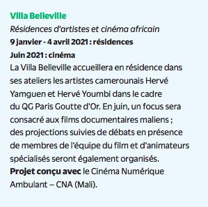 [DOSSIER DE PRESSE] @SaisonAfrica2 #dossierdepresse Nous sommes heureux d accueillir en 2021 dans notre programme de residence, les artistes #herveyamguen et #herveyoumbi
Et projetter aux beaux jours des  films documentaires maliens  saisonafrica2020.com/fr
#paris20