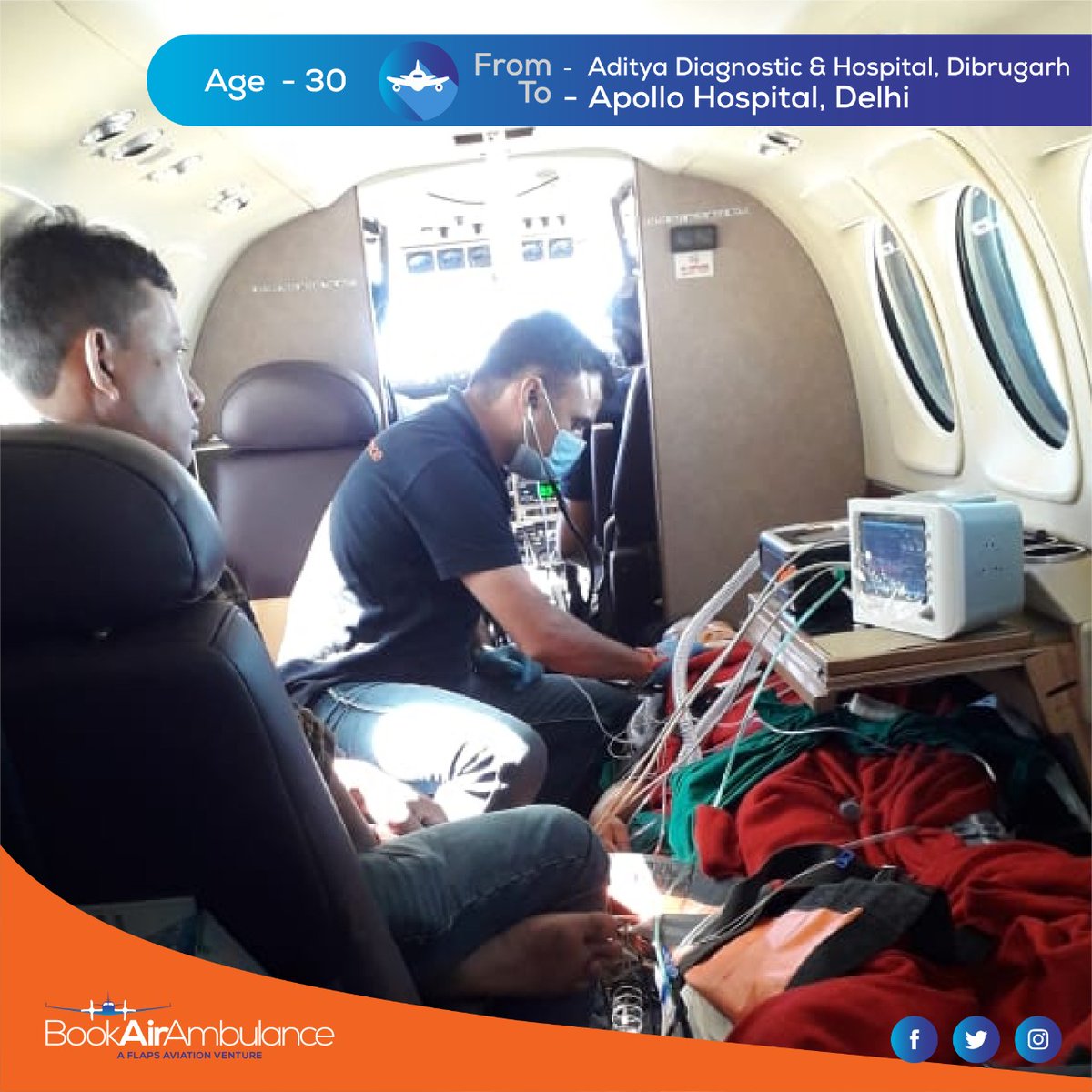 The patient needed urgent treatment at Apollo Hospital Delhi and had to be airlifted from Dibrugarh. Book Air Ambulance quick response team on 1st November airlifted him from Dibrugarh to Delhi ensured the patient in getting the  best in class treatment.