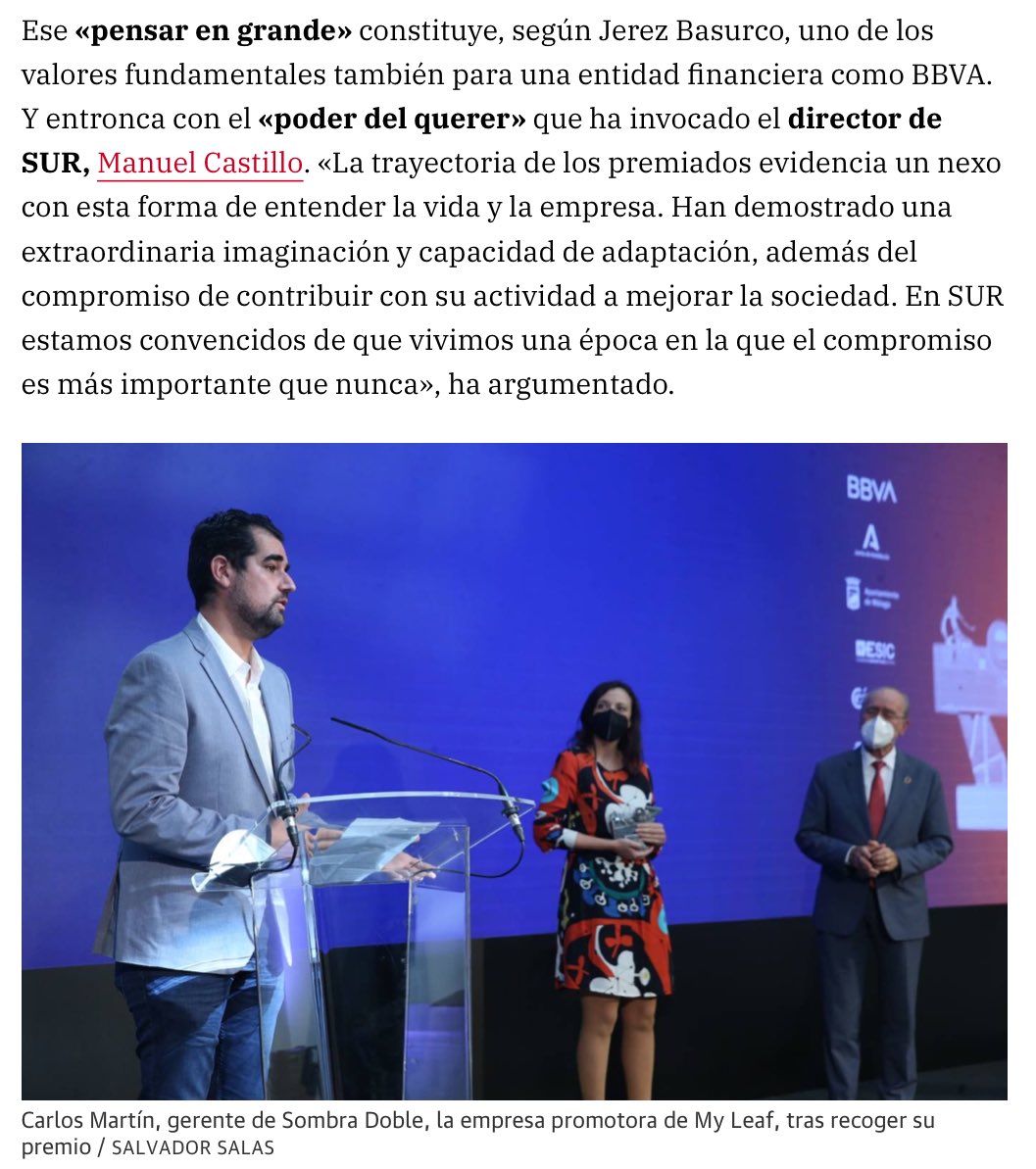 Malagacc's tweet photo. Tecnología de #Málaga para un futuro mejor en los #PremiosEvoluciónSUR, organizados por @DiarioSUR y @BBVA
…y ahí estaba @sombradoble innovando con #MyLeaf @NoInvisibles💪
Gr. Ayto @Malaga y @AndaluciaJunta
@ESICMalaga, @Camara_Malaga @MuseoAutomovilM
https://t.co/1uWIslfZUN https://t.co/wT1rLij80V