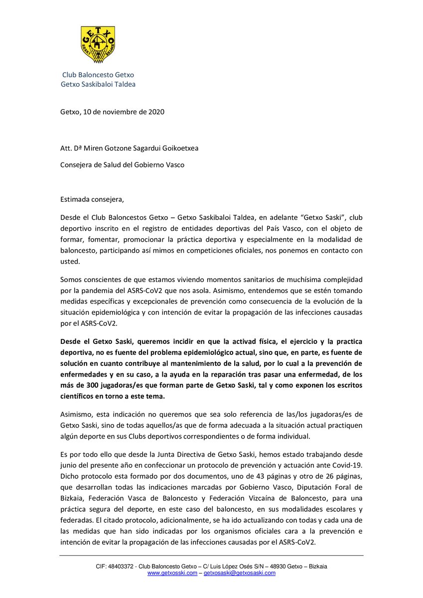 carlosmadridoro's tweet image. SOLICITUD DE RETORNO AL DEPORTE SEGURO: @GetxoSaski ha realizado la siguiente Sugerencia y Solicitud ante el Gobierno Vasco: