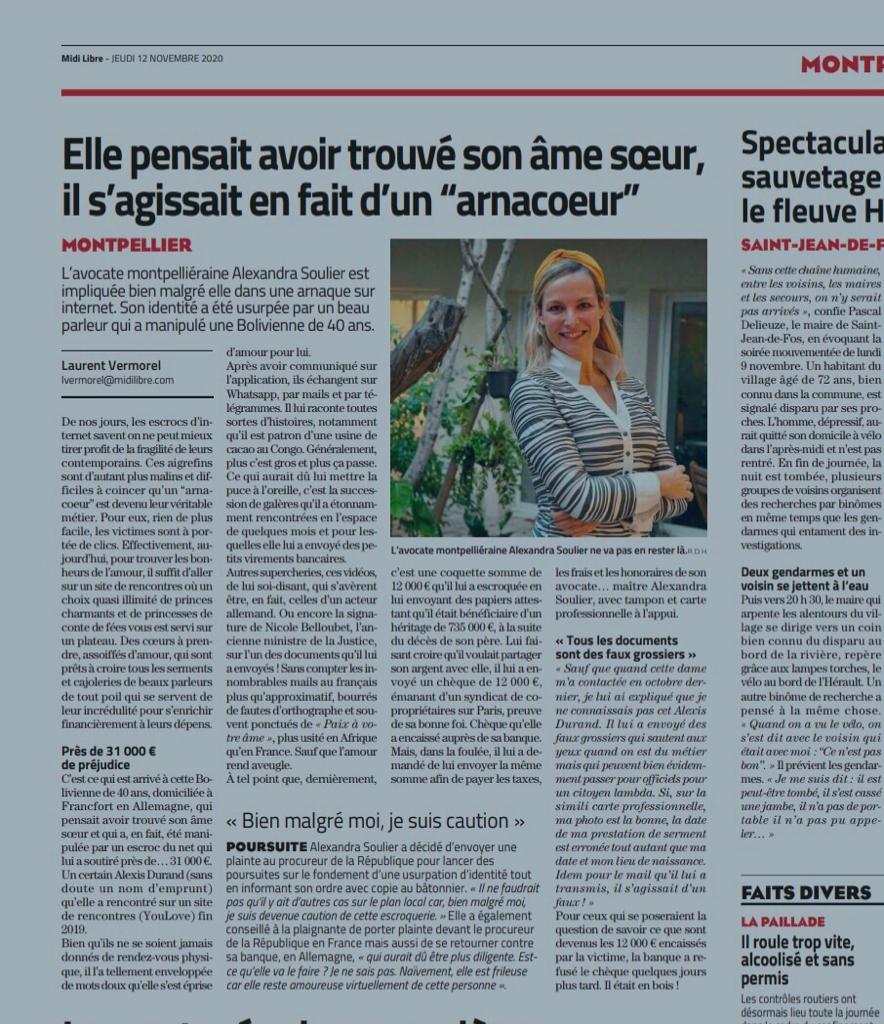 #Presse Notre avocate résidente  <a href="/alexandra/">heart queen</a> Soulier a déjoué les pièges d’un arnacoeur qui a usurpé son identité professionnelle.  Affaire très interessante à lire dans le <a href="/Midi/">midi</a> Libre Montpellier