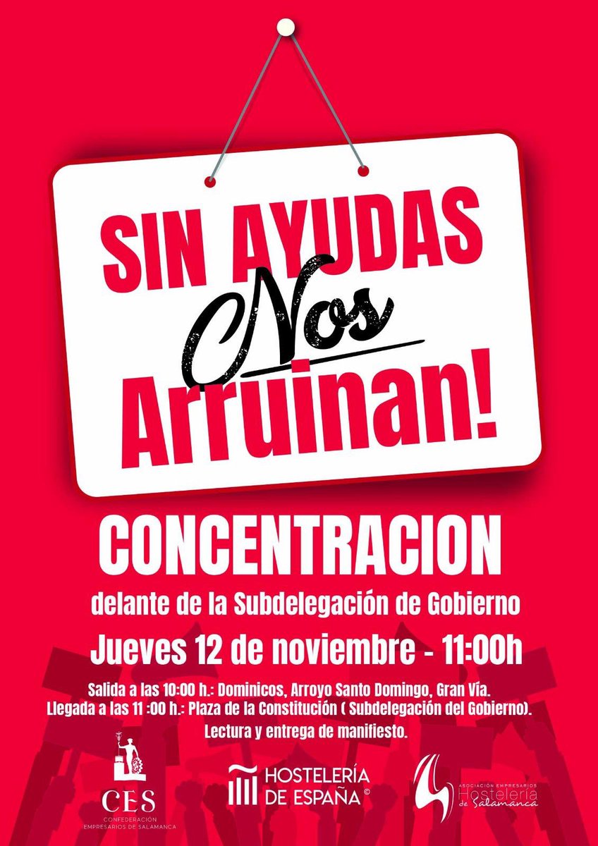 📣 #SalvemosLaHostelería |

La crisis originada por el #COVID19 está castigando duramente a nuestro sector.

Hoy nos concentraremos frente a la Subdelegación del Gobierno para pedir un plan de #ayuda a la #hostelería.

#SinAyudasNosArruinan