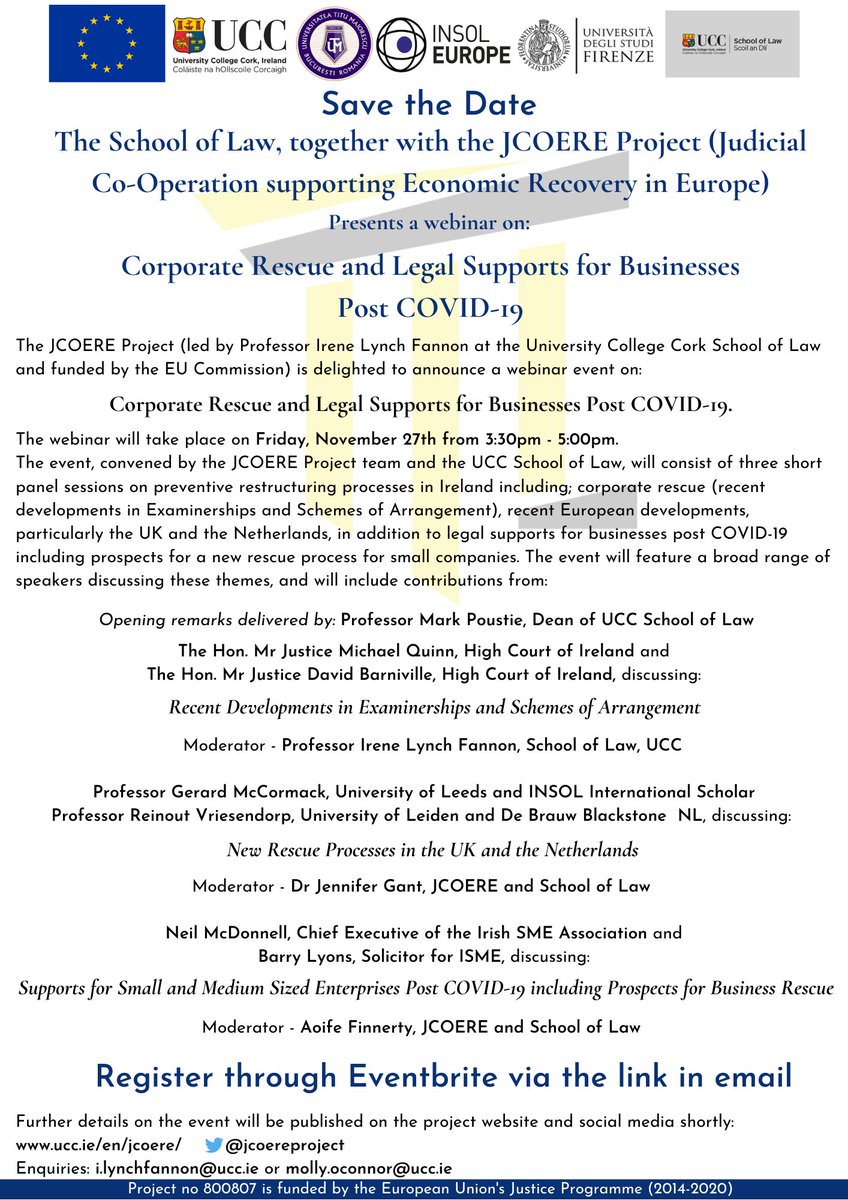JCOEREProject's tweet photo. #JCOEREProject online event 27/11 @ 15:30 GMT -  Corporate Rescue &amp; Legal Supports for Businesses Post COVID19 with honourable judges, preeminent academics, and experienced practitioners. 
Register for free:
https://t.co/sX5vHxFKEV
@IrishLegalNews @LeidenLaw @Law_Leeds https://t.co/xqEbKJUaYh
