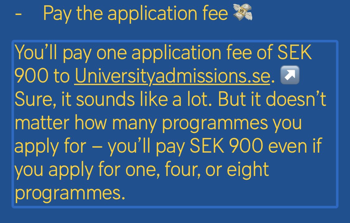 ...or you taking a standardized test like TOEFL ibt or IELTS academic):  https://www.universityadmissions.se/en/entry-requirements/masters-requirements/#general-entry-requirementsThe rule of thumb is that you find the program/school and you apply directly before Paying the application fee (SEK 900)This covers all the programs you are applying to per semester