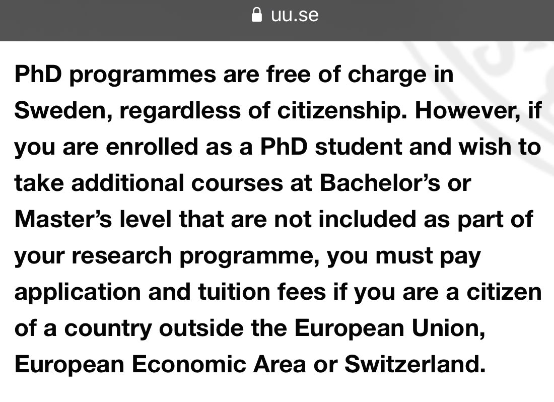 You can also filter further by subject areas. This should put you in the mix.Now, it is interesting to learn that asides the Bachelor’s and Masters, the PhD programs are generally free of charge in Sweden. Of course, you’ve to be admitted/study.Source:  https://www.uu.se/en/admissions/master/fees/tuition-fees-for-phd-students/