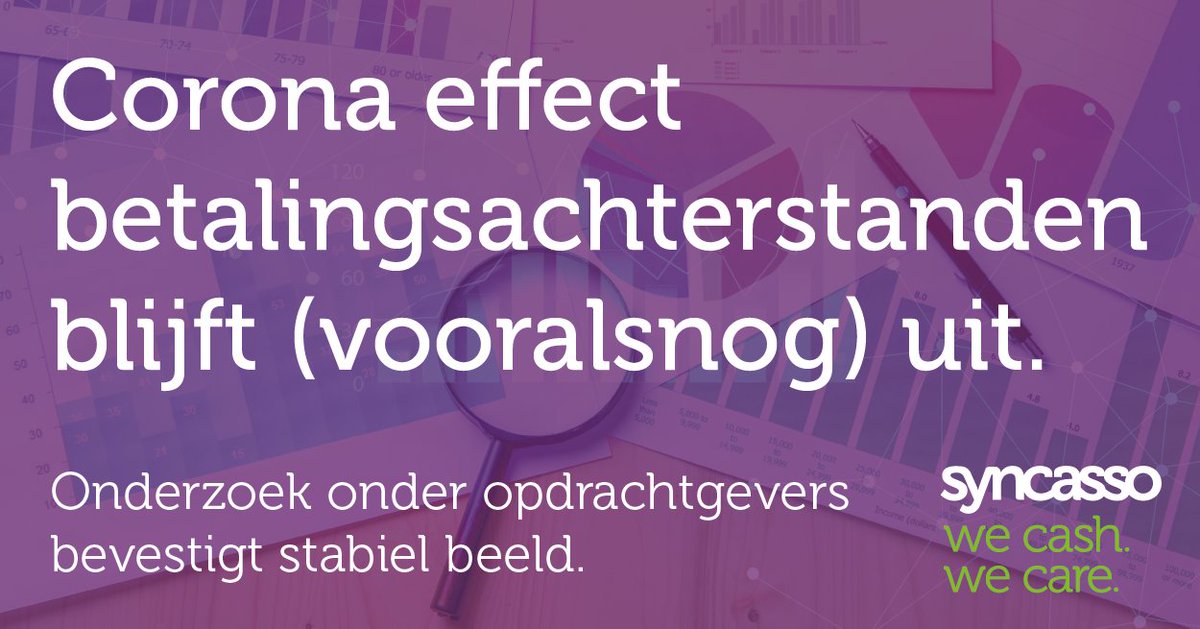 Syncasso's tweet image. Corona effect betalingsachterstanden blijft (vooralsnog) uit. Onderzoek onder opdrachtgevers bevestigt stabiel beeld. Lees meer over het onderzoek en de resultaten via bit.ly/3ePGS3T