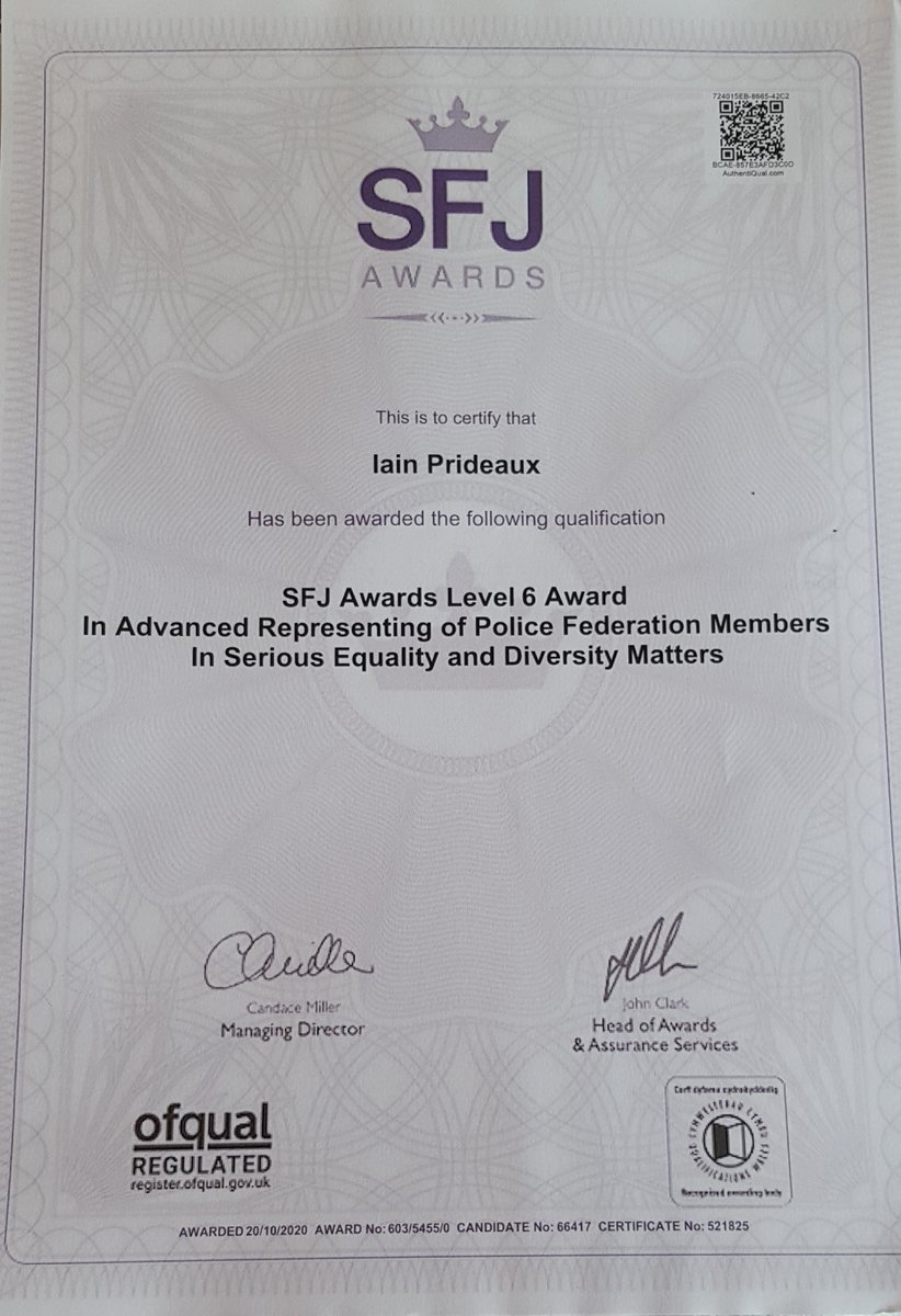 PfewI's tweet photo. Thank you Graham Richens at @PFEW_HQ, @ASPolfed, @ASPoliceBPA and @Skills_Justice for supporting me to achieve the highest level of Equality representation for @ASPolice officers... https://t.co/E3I9EdcVnJ