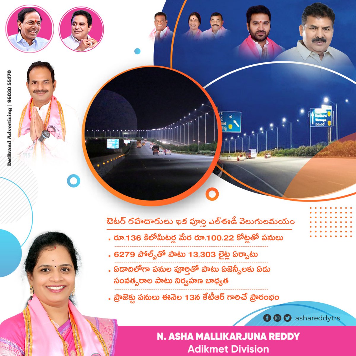 ashareddytrs's tweet photo. ఔటర్ రహదారులు ఇక పూర్తి ఎల్ఈడీ వెలుగులమయం 

✅రూ.136 కిలోమీటర్ల మేర రూ.100.22 కోట్లతో పనులు 
✅6279 పోల్స్‌తో పాటు 13,303 లైట్ల ఏర్పాటు 
✅ఏడాదిలోగా పనుల పూర్తితో పాటు ఏజెన్సీలకు ఏడు సంవత్సరాల పాటు నిర్వహణ బాధ్యత
✅ప్రాజెక్టు పనులు ఈనెల 13న @KTRTRS గారిచే ప్రారంభం

#ashareddy https://t.co/Crx5YzGT6B