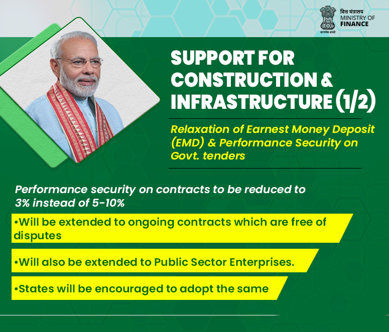 nsitharamanoffc's tweet image. In a big support for the construction and infrastructure sector, the government has announced a relaxation in the rules pertaining to Earnest Money Deposit and Performance Security on government tenders.