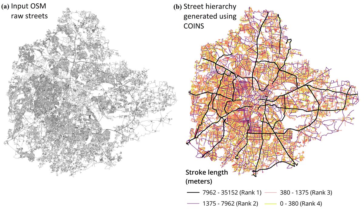 iihsin's tweet photo. The images below show the raw street network for Bengaluru extracted from OSM and the street hierarchy map generated using COINS. https://t.co/rjbfmcqpLV
