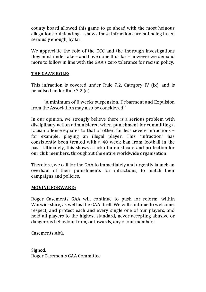 Roger Casements GAA (@casementsgaa) on Twitter photo Please see the below statement from Roger Casements GAA in relation to the recent racist abuse suffered by one of our players in the Senior Men's Championship Semi-Final on October 25th, 2020.
Our petition for change: change.org/p/gaa-racism-a…
<a href="/theirishpost/">The Irish Post</a> <a href="/theirishworld/">the Irish World</a> <a href="/BPCGAA/">Britain GAA</a> Please see the below statement from Roger Casements GAA in relation to the recent racist abuse suffered by one of our players in the Senior Men's Championship Semi-Final on October 25th, 2020.
Our petition for change: change.org/p/gaa-racism-a…
<a href="/theirishpost/">The Irish Post</a> <a href="/theirishworld/">the Irish World</a> <a href="/BPCGAA/">Britain GAA</a>