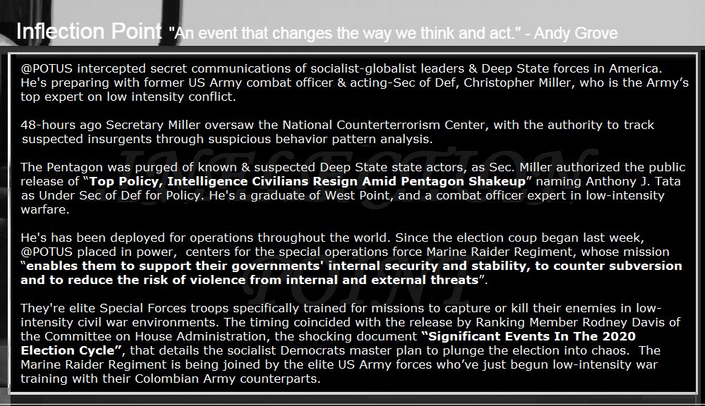 Since the release of the Marxist Democratic plan SIGNIFICANT EVENTS IN THE 2020 ELECTION CYCLE, to create national chaos in a trans-national coup,  @POTUS has been working to fulfill his promise to shut down their MSM promoted insurrection, "very quickly".  https://twitter.com/Penone10/status/1326784272980709384