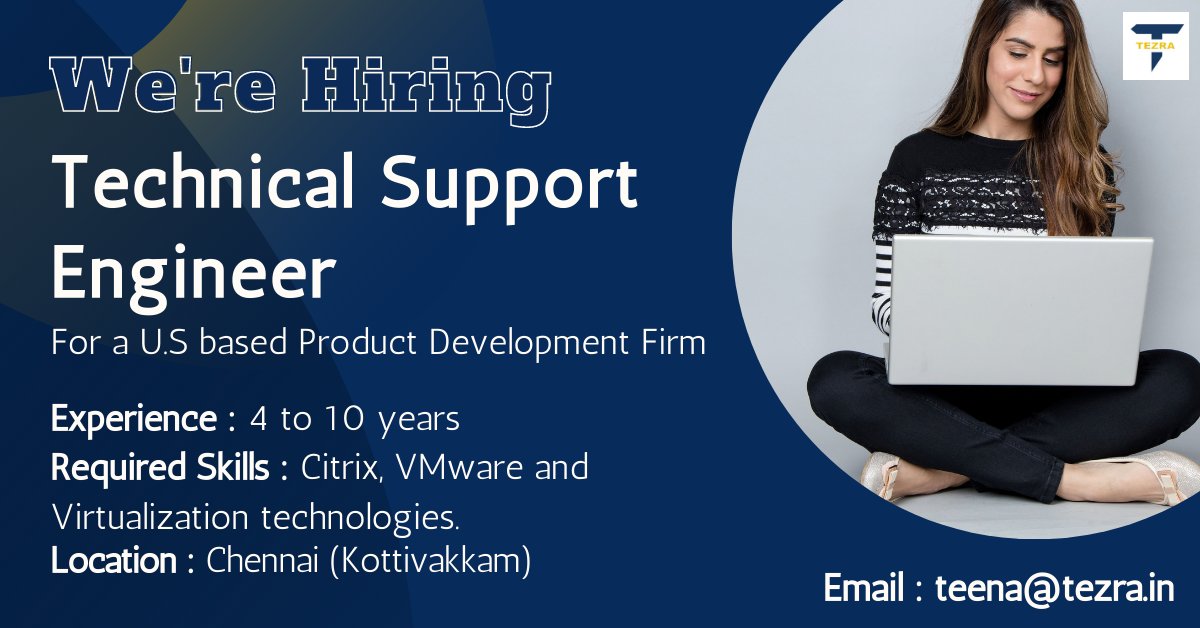 Tezrarecruiter's tweet photo. We're #hiring #technicalsupportengineer for a U.S based #productdevelopment #firm - #chennai
Contact to teena@tezra.in
#chenaijobs #Citrix #VMware #virtualizationtechnologies #jobpost #jobsearch #jobs #jobhunt #jobposting #itjobsearch #jobchange #jobinterview #jobhiring #job2020 https://t.co/9pIhfsDq8S