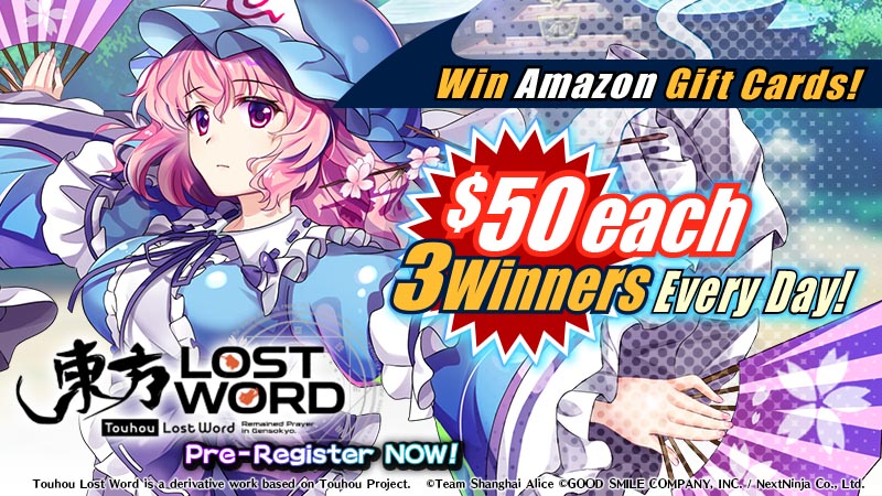 touhouLW_Global's tweet photo. Follow and retweet #touhouLW! Touhou Lost Word's daily Amazon gift card campaign!

Every day 3x $50 Amazon gift cards are available! Celebrate Touhou Lost Word's global announcement by taking part!

1.Follow @touhouLW_Global
2.RT this tweet

#touhouLW https://t.co/G9h6BGqVut