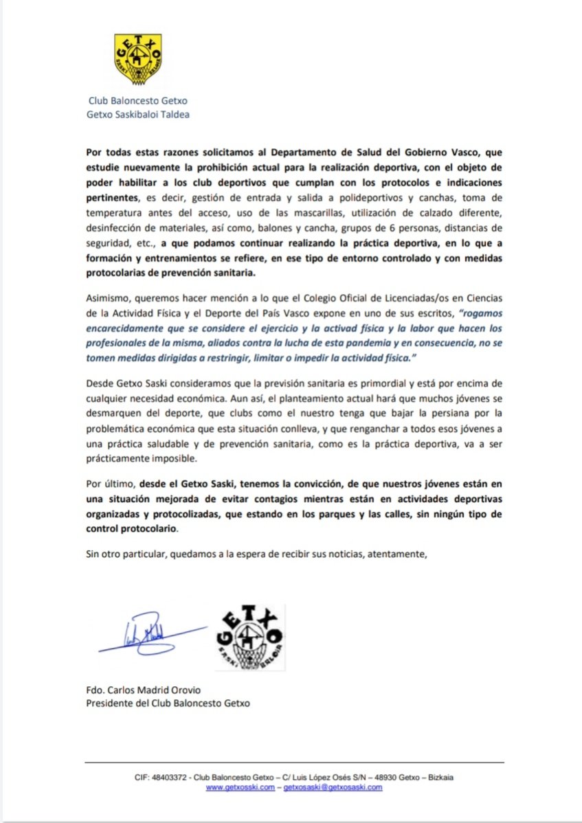 GetxoSaski's tweet image. SOLICITUD DE RETORNO AL DEPORTE SEGURO: Getxo Saski ha realizado la siguiente Sugerencia ante el Gobierno Vasco.