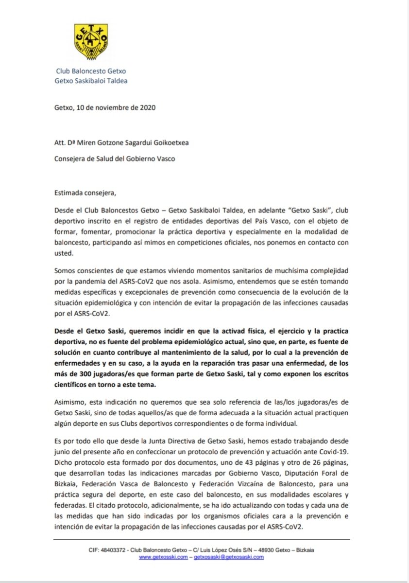 GetxoSaski's tweet image. SOLICITUD DE RETORNO AL DEPORTE SEGURO: Getxo Saski ha realizado la siguiente Sugerencia ante el Gobierno Vasco.