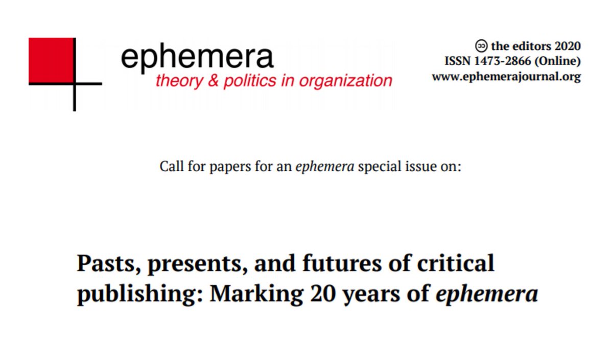 EphemeraJournal's tweet photo. ephemera is turning 20! We're marking the anniversary by calling for contributions that ponder the past, present, and future of critical publishing. So, hit us with your best shot. https://t.co/gqqY2KtMEy https://t.co/3fZHjjfyE2