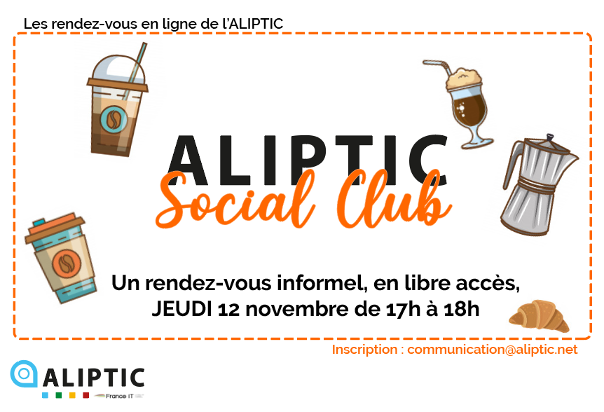 #EVENT : C'est le retour des café-visio ALIPTIC Social Club ☕️💻 

🗣️ Pour échanger sur l'actualité de la filière #numérique en #Limousin, vos problématiques actuelles ou tout autre sujet qui vous semble important !
📩 Inscription : communication@aliptic.net

A tout à l'heure 👋