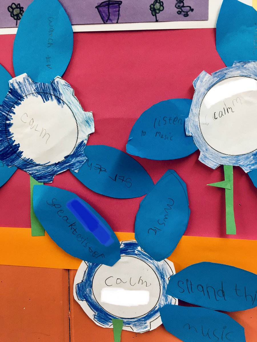 DanestoneW's tweet photo. P2/3 thought about the blue cog this week. They worked in pairs to write their strategies for being calm, then created these pretty flowers for their class HWB display. #EmotionworksCIC https://t.co/bK2gP1WKxJ