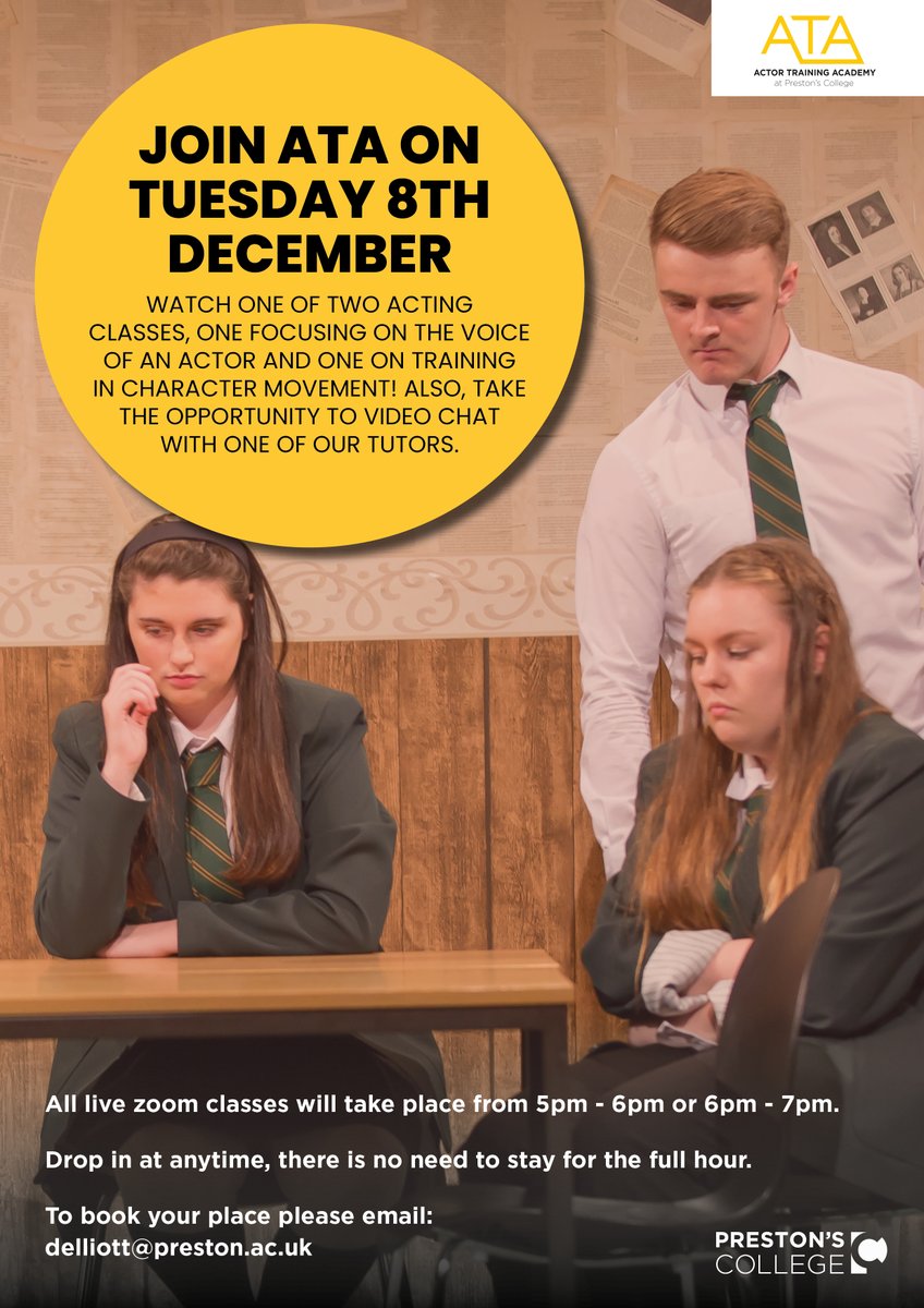 PrestonCollege's tweet photo. Our Visual &amp; Performing Arts department are holding LIVE interactive sessions for all year 10 &amp; 11 students.

All sessions are at 5-6pm or 6-7pm and you can drop in at anytime. See the images attached for more info!

To book your place, please email delliott@preston.ac.uk https://t.co/QJTgpXvuVW