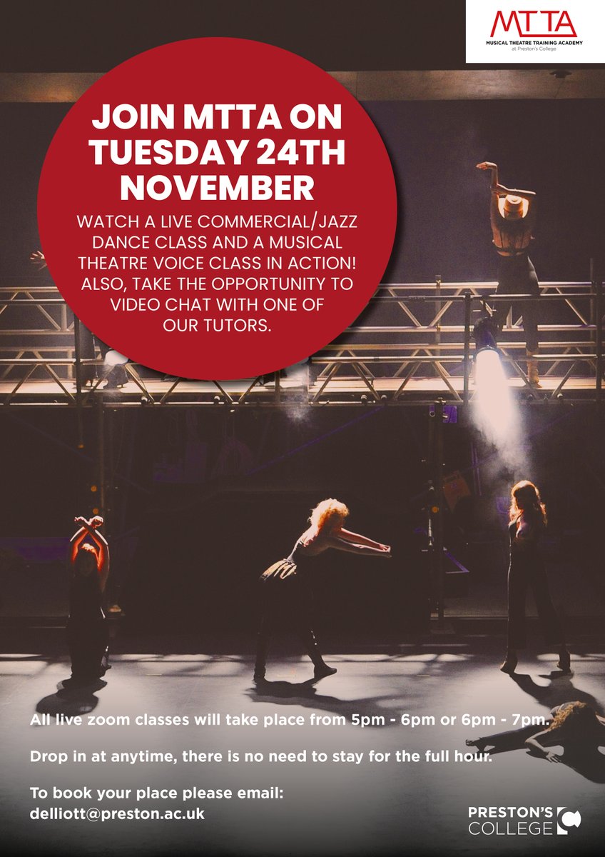 PrestonCollege's tweet photo. Our Visual &amp; Performing Arts department are holding LIVE interactive sessions for all year 10 &amp; 11 students.

All sessions are at 5-6pm or 6-7pm and you can drop in at anytime. See the images attached for more info!

To book your place, please email delliott@preston.ac.uk https://t.co/QJTgpXvuVW
