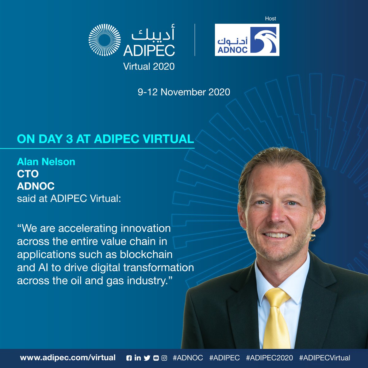 ADIPECOfficial's tweet photo. At the ADIPEC Virtual 2020 Strategic Conference today, Alan Nelson, CTO, @AdnocGroup shared his insights
#ADIPEC2020 #ADIPECVirtual #ADIPECLive
#Energy #OilandGas https://t.co/OEBzRKKASs
