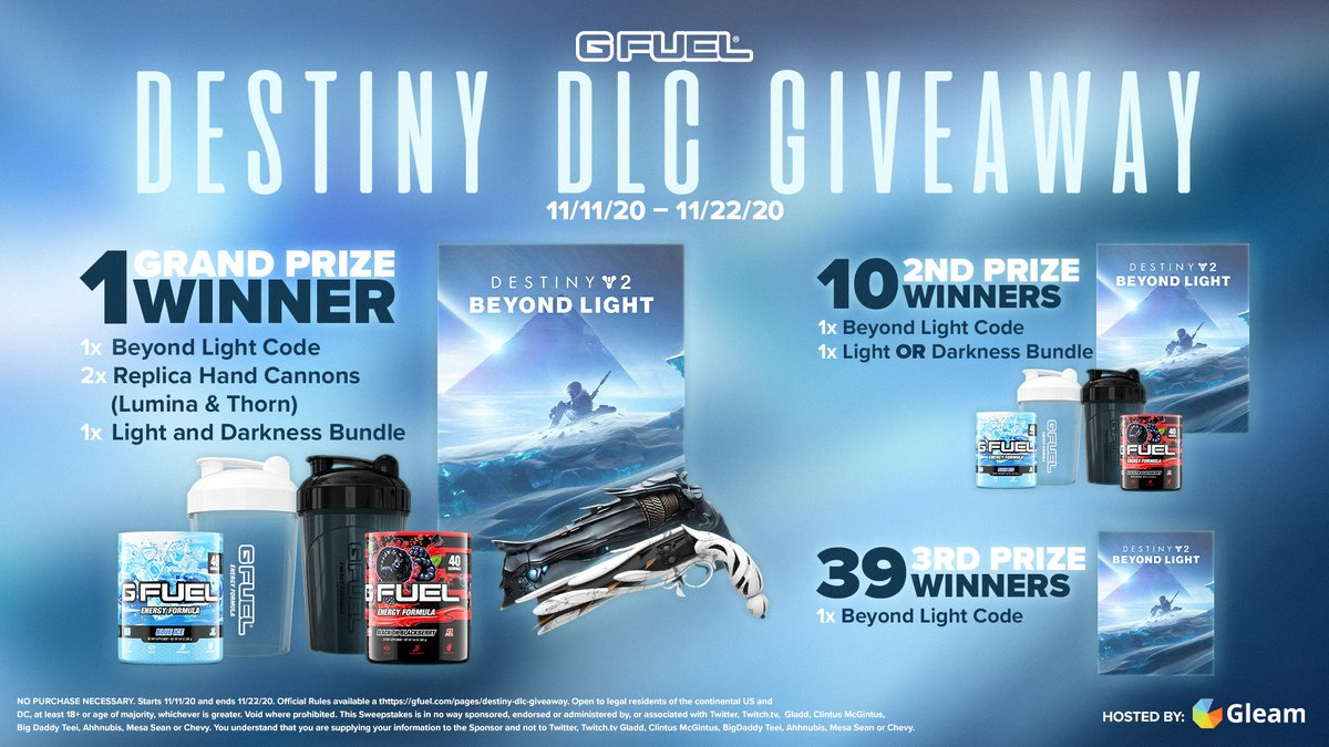 GFuelEnergy's tweet photo. 💠 𝗚𝗜𝗩𝗘𝗔𝗪𝗔𝗬 𝗔𝗟𝗘𝗥𝗧 💠 

🗣️ GUARDIANS! To celebrate the launch of #Destiny2's #BeyondLight DLC, we've launched an action-packed #GFUEL GIVEAWAY!!! May the light guide your way! 

💙 LIKE + RT + TAG A FRIEND 

➡️ 𝗘𝗡𝗧𝗘𝗥 𝗛𝗘𝗥𝗘: https://t.co/uR37e4WVFm https://t.co/qh3dU6E2xS