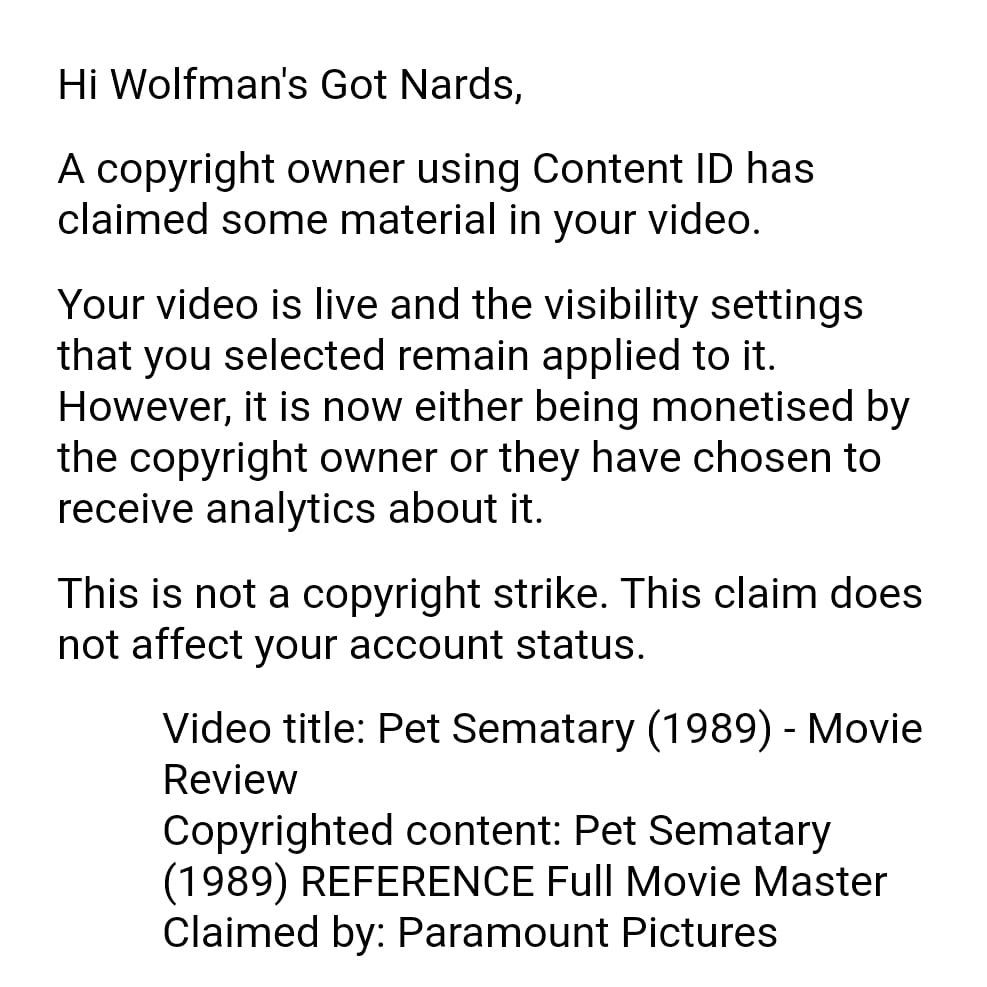 WolfmansGotNard's tweet photo. Paramount are literally manually going through every one of my videos and claiming them. Do companies know what fair use is?
#fairuse #fairusepolicy #copyright #youtube https://t.co/WtZ9ZTcooh