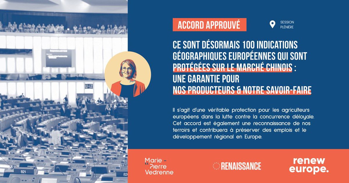 MariePierreV's tweet photo. #Chine #UE🤝#IciToutCommence
L’accord sur la protection de 100 indications géographiques 🇪🇺& 🇨🇳approuvé ! Une avancée majeure pour la protection de notre savoir-faire, notre patrimoine & nos emplois
🗣 Ma réaction comme rapporteur Chine @RenewEurope https://t.co/IPW1Rfpgmh https://t.co/CsOKymEyHp