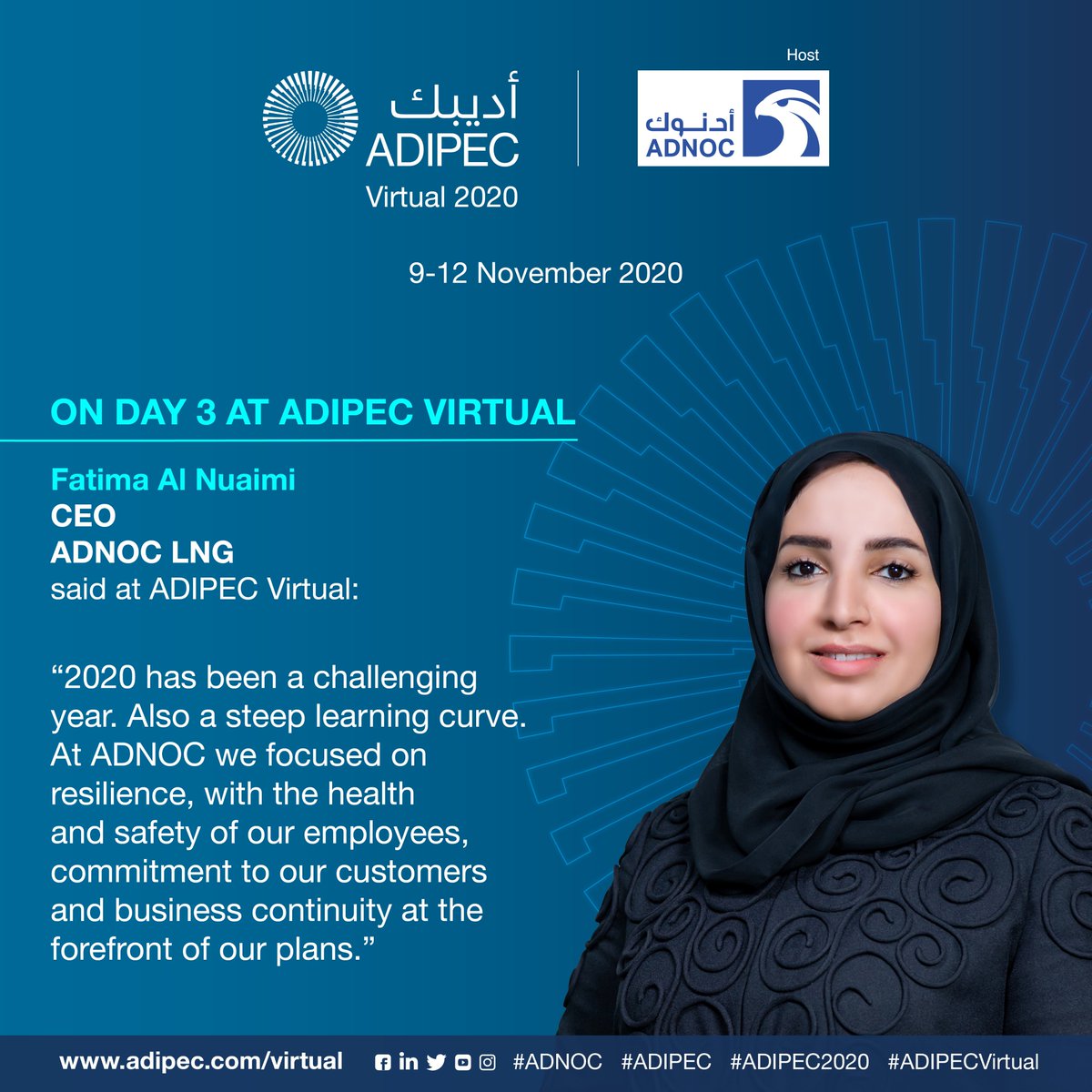 ADIPECOfficial's tweet photo. At the ADIPEC Virtual 2020 Strategic Conference today, Fatima Al Nuaimi, CEO ADNOC LNG shared her insights.
#ADNOC #ADIPEC2020 #ADIPECVirtual #ADIPECLive
#Energy #OilandGas #ADNOCLNG https://t.co/bno0lgJahf
