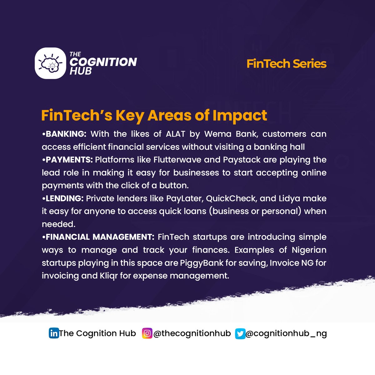 CognitionHub_NG's tweet photo. A number of the impact instigated by the introduction of technology in the delivery of financial services.

@wemabank @flutterwave @ALAT

#FinancialBusiness #Contract #entrepreneur #success #business #Fintech #FintechSeries #TheCognitionHub #professionalism #Finance https://t.co/fxX19dlBev