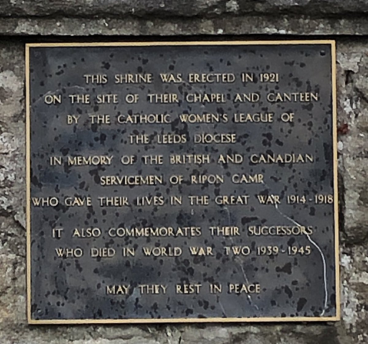 North East to Studley Royal. Here a memorial to the Chapel and canteen established by the Catholic Women’s League from Leeds. The location was a highlight of Ripon’s sprawling Army Depot.
