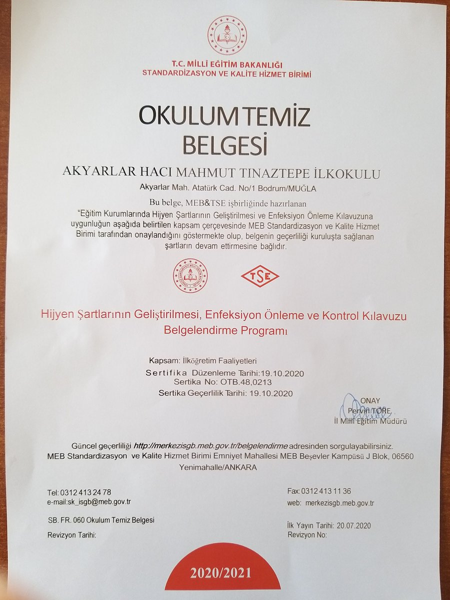 Akyarlarilkokul's tweet photo. Milli Eğitim Bakanlığı ve Türk Standartları Enstütüsü tarfından imzalanan protokol gereği "OKULUM TEMİZ " belgesini almaya hak kazandık. Belgemiz İlçe Milli Eğitim Müdürümüz Sayın Aslan Korkmaz tarafından verildi. @bodrumMEM @mugla_mem @tcmeb @aslankorkmazmeb @ziyaselcuk https://t.co/tblVoFVjaJ