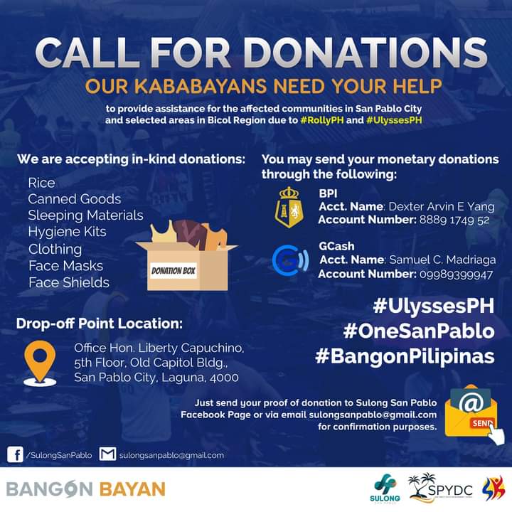 sc_madriaga's tweet photo. Bayanihan sa panahon ng sakuna! You may now donate through our Bangon Bayan donation outlets, mga kapatid!
Let's continue to pray for the safety and security of our fellow kababayans. 🙏 Keep safe and stay alert, everyone!
#UlyssesPH #OneSanPablo #BangonPilipinas https://t.co/m4RhSFW7lJ