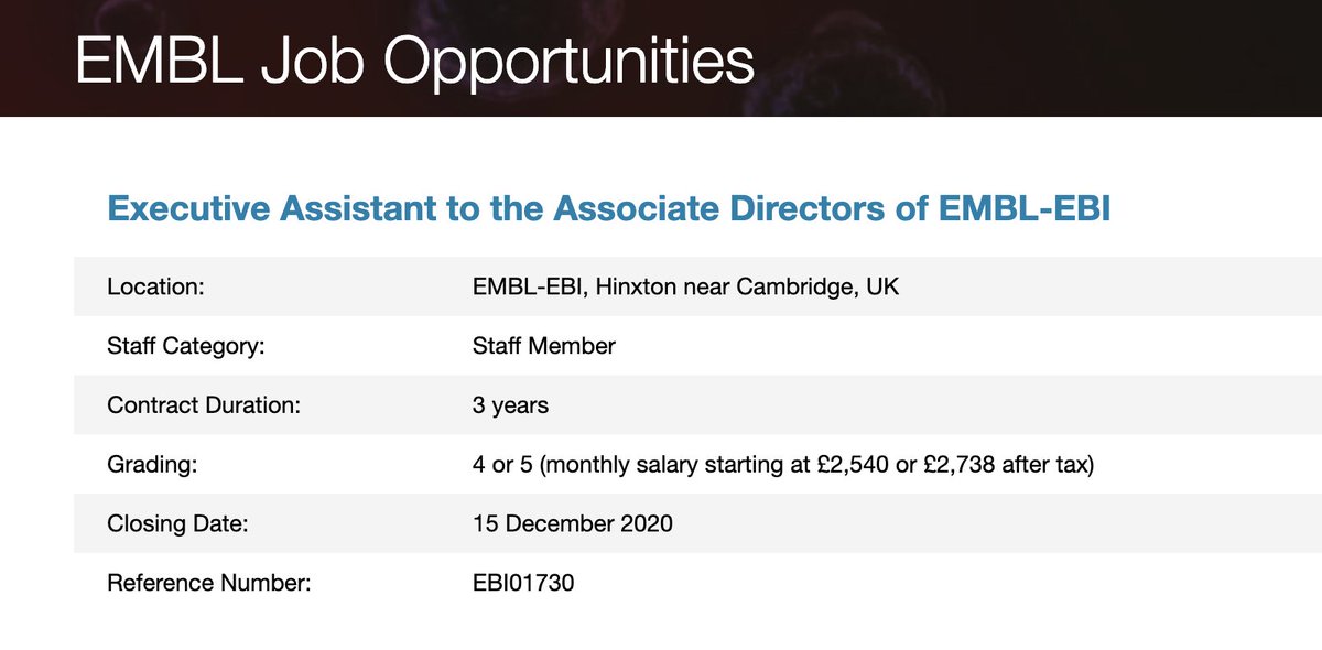 EMBLEBIjobs's tweet photo. We’re #hiring an #ExecAssistant to the Associate Directors of @emblebi to help with international itinerary planning & project support. If you’re interested in liaising with stakeholders all over the 🌍 this could be the role for you. #adminjobs #pajobs
https://t.co/KOeOdLslmw https://t.co/CoRbefll1o