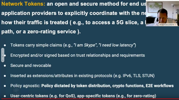 disruptivedean's tweet photo. Really interesting pres on "network tokens" that allow application providers to coordinate with the network for slicing, priority etc. Could circumvent some issues

Add a new broker layer to request QoS 

Means network doesn't have to 2nd-guess or identify apps

User-based https://t.co/1hblhMhc9m