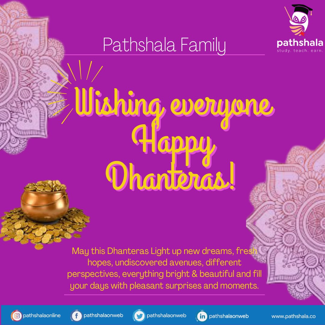 pathshalaonweb's tweet photo. Pathshala Family Wishes Everyone, Happy Dhanteras.
Join us for learning & teaching, by downloading the app - https://t.co/D8xIIckMvD, Use Referral - NEW150 & get benefits of Rs 150/- on your registration.
#PathshalaOnWeb #Dhanteras #festival #festivalseason #onlinetutoring https://t.co/OTwaNGomGQ