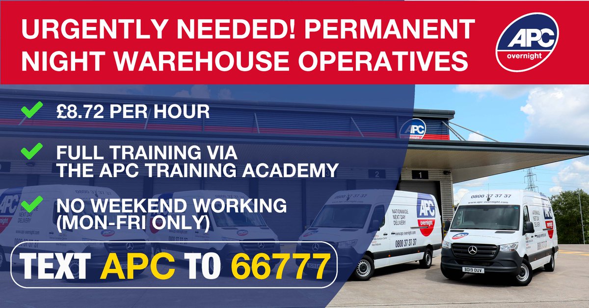 Searching for a new #job? @APCOvernight is #recruiting for Permanent Night Warehouse Operatives at its #Cannock site (Mon to Fri).

APPLY NOW FOR IMMEDIATE START - TEXT APC TO 66777