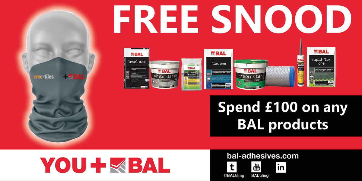 emctiles's tweet photo. 📣 Get your FREE @BALtiling snood when you spend £100 or more on #BAL products at EMC Tiles! 

*Valid while stocks last, in-store or online for collection only. 

👉https://t.co/q9xo8uAXaA

#snoods #freebies #tiles #tiling #tilers #free #nottingham #loughborough #leicester #derby https://t.co/ejJHX1BXAU