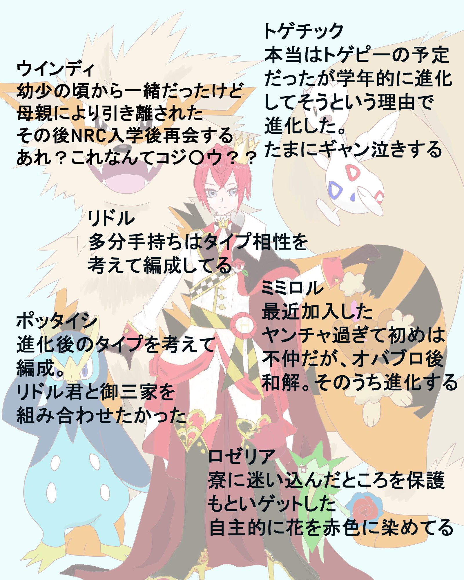 鈴木ゆのら 注意 Twst ポケモンのクロスオーバー ただの私の妄想です 生徒全員考えてあるけど描ける気がしない タイプ相性考えて編成してるのはきっとリドル君のみ あとタイプ相性まで考えるのがしんどかった ツイステファンアート T Co