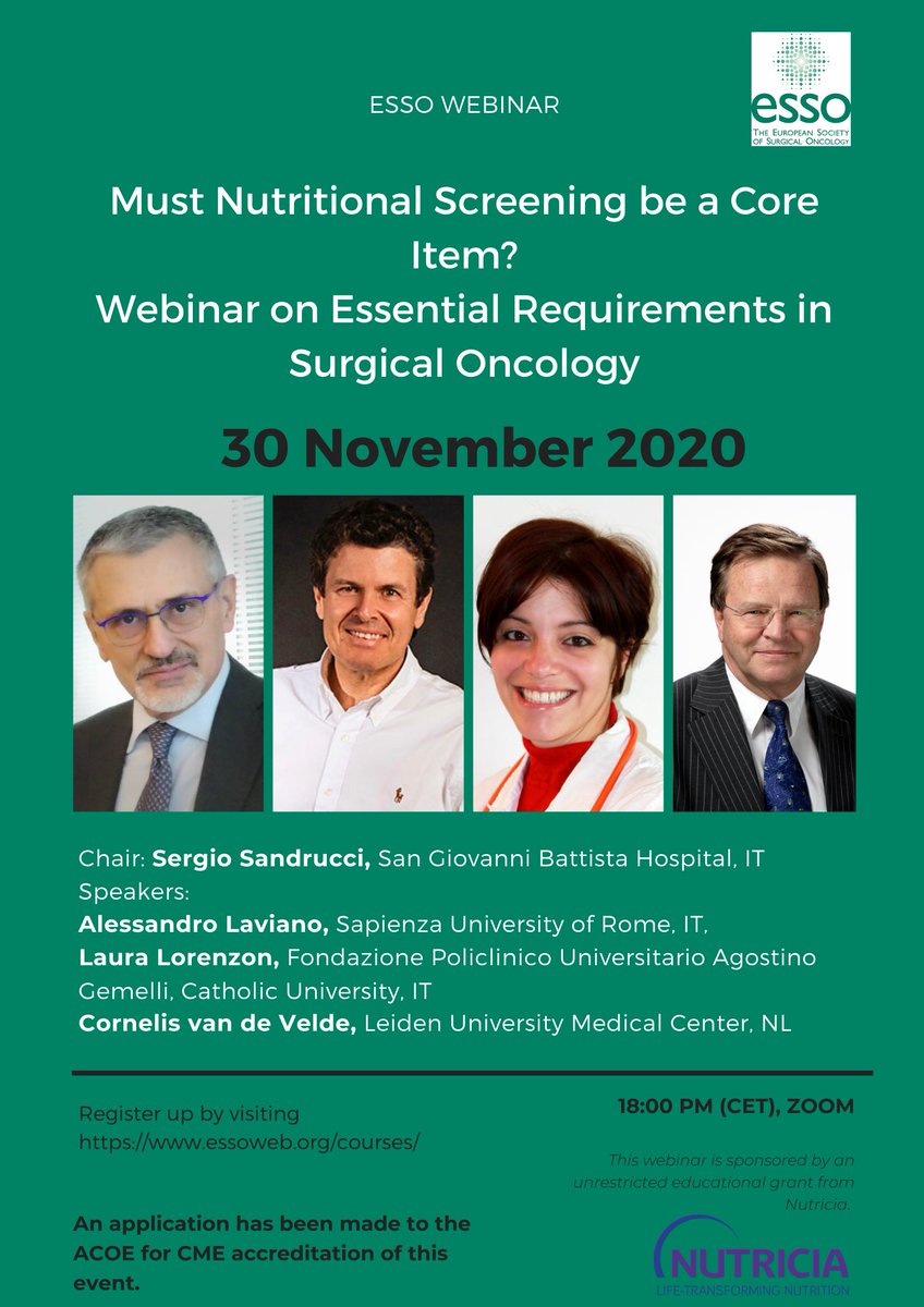 ESSOnews's tweet photo. 📢Webinar📢#EssentialRequirements in #SurgicalOncology: Must #NutritionalScreening be a Core Item?
🗓️30 November
🗣Chaired by @ssandr2, Speakers @Laviano_Ale @LauraLorenzonMD & Cornelis van de Velde
👉https://t.co/Q41RAb2u2E
#nutritioniseveryonespriority #medicalnutrition https://t.co/YBjhfneuqs